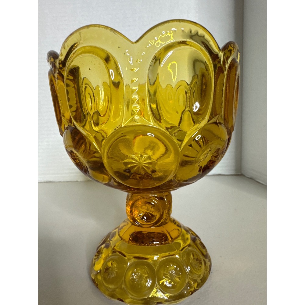 LE Smith Moon and Star Amber Glass Pedestal Candy Dish Compote MCM 5.5 inch